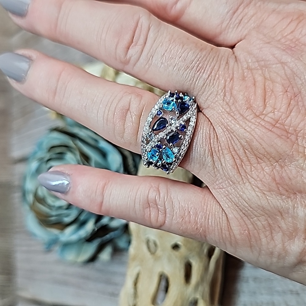 NIB PLATINUM PLATED CREATED SAPPHIRE AQUAMARINE ZIRCON FASHION RING - Picture 10 of 16